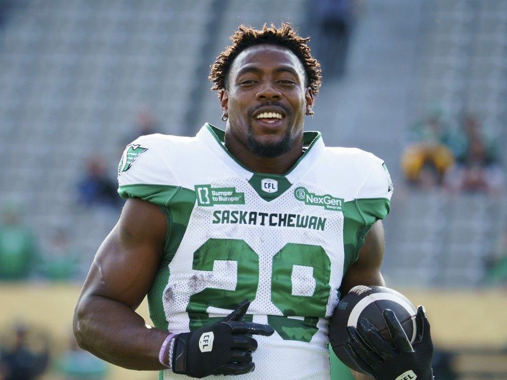 Saskatchewan Roughriders running back Ka'Deem Carey (29) before the start of the CFL football action against the Hamilton Tiger Cats, in Hamilton, Ont., Saturday, June 14, 2025.