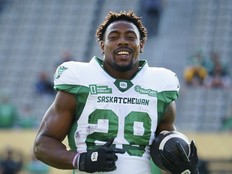 Saskatchewan Roughriders running back Ka'Deem Carey (29) before the start of the CFL football action against the Hamilton Tiger Cats, in Hamilton, Ont., Saturday, June 14, 2025.