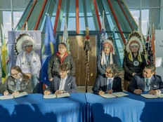 Neoen and the Anishinabek Power Alliance held a ceremonial signing of the 25-year power purchase agreement with SaskPower on Wednesday. From left: Chief George Cote of Cote First Nation, acting Chief of Key First Nation Fernie O'Soup, Chief Felix Thomas of Kinistin Saulteaux Nation, Tribal Chief Isabel O'Soup of the Yorkton Tribal Council, Chief Lynn Acoose of Zagime Anishinabek Nation, Neoen's Regional CEO of Americas Emmanuel Pujol, SaskPower CEO Rupen Pandya and CEO of the First Nations Power Authority Guy Lonechild. Photo supplied by Neoen.