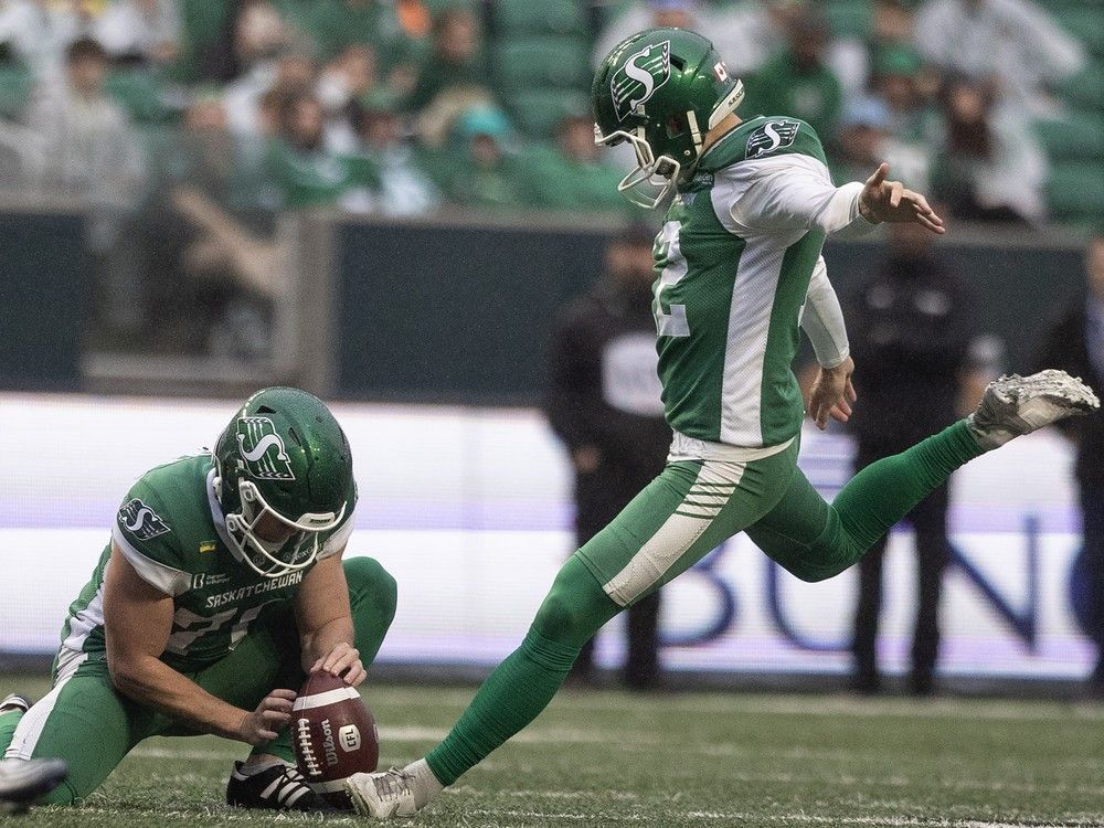 Saskatchewan Roughriders kicker Brett Lauther (12) kicks the ball during regular season CFL action inside Mosaic Stadium on Saturday, September 13, 2025 in Regina.