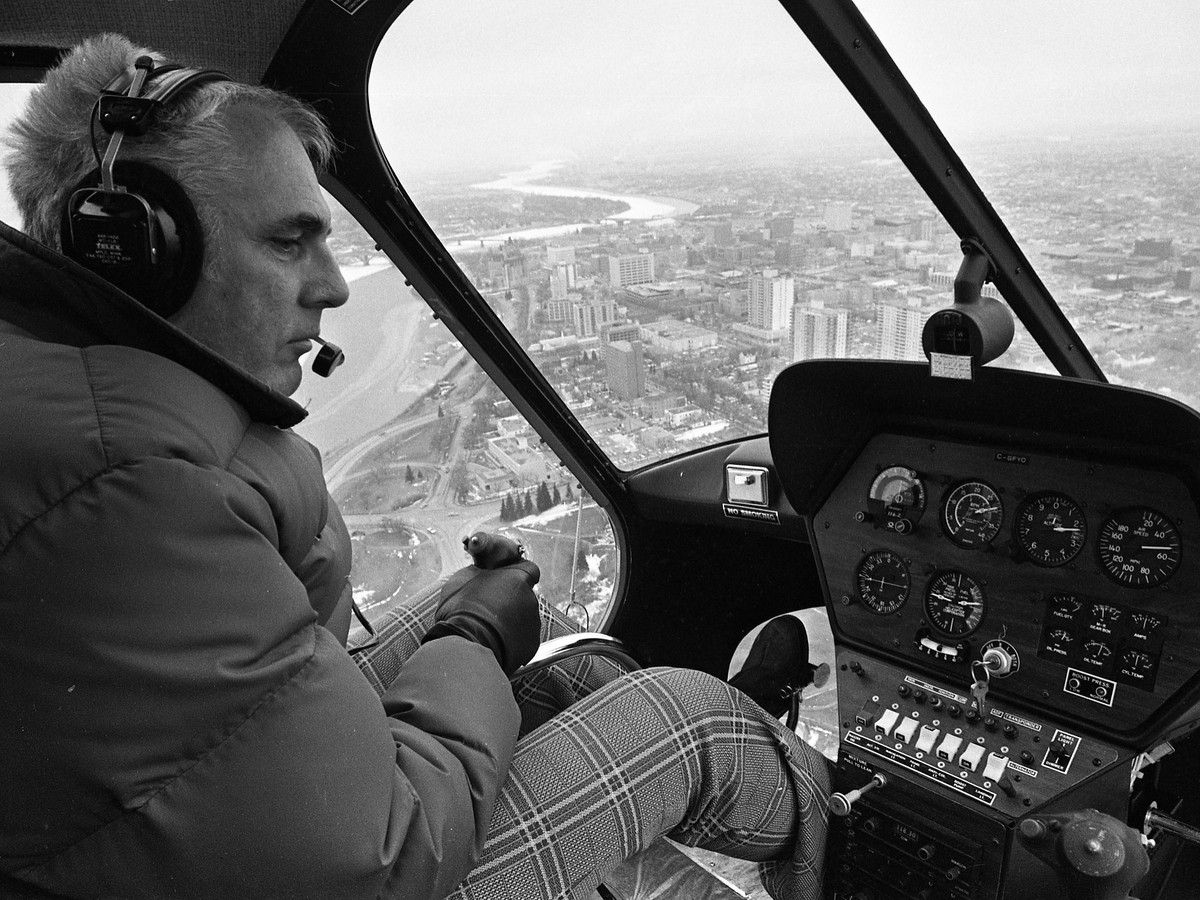 Helicopter pilot Bill Abbott on traffic watch in Saskatoon