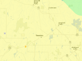 Screenshot of forest fire being held in Timmins. The area is likewise still under high risk for new blazes.