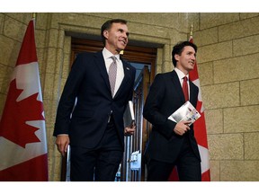 Finance Minister Bill Morneau and Prime Minister Justin Trudeau leave the Prime Minister's office holding copies of the federal budget in Ottawa, Wednesday, March 22, 2017.THE CANADIAN PRESS/Sean Kilpatrick