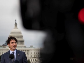 Prime Minister Justin Trudeau speaks during a press availability at the Canadian Embassy, October 11, 2017 in Washington, DC.