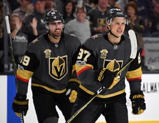 LAS VEGAS, NV - OCTOBER 15: Alex Tuch #89 and Vadim Shipachyov #87 of the Vegas Golden Knights celebrate after Tuch assisted Shipachyov on a second-period goal against the Boston Bruins during their game at T-Mobile Arena on October 15, 2017 in Las Vegas, Nevada. (Photo by Ethan Miller/Getty Images)