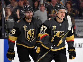 LAS VEGAS, NV - OCTOBER 15:  Alex Tuch #89 and Vadim Shipachyov #87 of the Vegas Golden Knights celebrate after Tuch assisted Shipachyov on a second-period goal against the Boston Bruins during their game at T-Mobile Arena on October 15, 2017 in Las Vegas, Nevada.  (Photo by Ethan Miller/Getty Images)