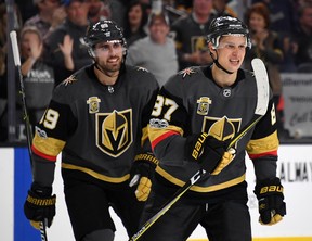 LAS VEGAS, NV - OCTOBER 15:  Alex Tuch #89 and Vadim Shipachyov #87 of the Vegas Golden Knights celebrate after Tuch assisted Shipachyov on a second-period goal against the Boston Bruins during their game at T-Mobile Arena on October 15, 2017 in Las Vegas, Nevada.  (Photo by Ethan Miller/Getty Images)