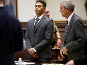 Jorge Sanders-Galvez stands during his murder trial Thursday, Oct. 26, 2017, in Keokuk Iowa.