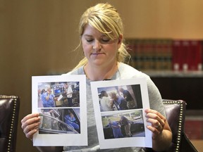 In this Friday, Sept. 1, 2017, file photo, nurse Alex Wubbels displays video frame grabs from Salt Lake City Police Department body cams of herself being taken into custody, during an interview in Salt Lake City.