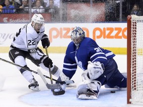 Los Angeles Kings centre Trevor Lewis scores shorthanded against Maple Leafs goalie Frederik Andersen on Monday night at the Air Canada Centre. (The Canadian Press)