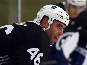 Roman Polak takes to the ice during Leafs training camp at the Gale Centre in Niagara Falls on Sept. 17, 2017. (DAVE ABEL/Toronto Sun)