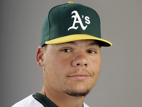 This 2014 file photo shows Oakland Athletics catcher Bruce Maxwell. Maxwell was arrested Saturday, Oct. 28, 2017, in Scottsdale, Ariz., after a female food delivery person alleged he pointed a gun at her. (AP Photo/ Gregory Bull, File)