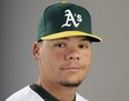 This 2014 file photo shows Oakland Athletics catcher Bruce Maxwell. Maxwell was arrested Saturday, Oct. 28, 2017, in Scottsdale, Ariz., after a female food delivery person alleged he pointed a gun at her. (AP Photo/ Gregory Bull, File)