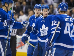 Toronto Maple Leafs forward Connor Brown celebrates a goal during 1st period action against the Detroit Red Wings at the Air Canada Centre in Toronto on Oct. 18, 2017. (Ernest Doroszuk/Toronto Sun/Postmedia Network)