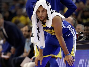 Golden State Warriors' Stephen Curry waits to enter a game on Oct. 29, 2017 (AP)