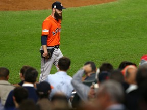 Dallas Keuchel of the Houston Astros walks off the mound on Oct. 18, 2017. (Mike Stobe/Getty Images)