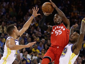 Toronto Raptors' Delon Wright takes a shot against the Golden State Warriors on Oct. 25, 2017. (AP Photo/Ben Margot)