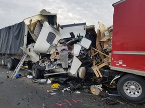 Two transport trucks and a dump truck involved in a fatal crash on Hwy. 401 at Cedar Creek on Friday, Oct. 27, 2017.