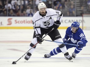 Los Angeles Kings defenceman Drew Doughty carries the puck against the Toronto Maple Leafs on Oct. 23, 2017. (THE CANADIAN PRESS/Nathan Denette)