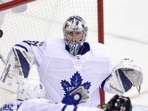 Toronto Maple Leafs goalie Frederik Andersen watches the puck during the third period of a NHL hockey game against the Washington Capitals, Tuesday, Oct. 17, 2017, in Washington. The Maple Leafs won 2-0. (AP Photo/Nick Wass)
