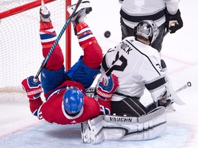 Montreal Canadiens right winger Brendan Gallagher falls over against the L.A. Kings on Oct. 26, 2017. (THE CANADIAN PRESS/Ryan Remiorz)