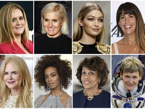 This combination photo shows, top row from left, comedian Samantha Bee, Italian designer Maria Grazia Chiuri, model Gigi Hadid, director Patty Jenkins, and bottom row from left, actress Nicole Kidman, singer Solange Knowles, Rep. Maxine Waters and astronaut Peggy Whitson, who are among Glamour's Women of the Year Honorees. They will be featured in a December spread and honored November 13th at a gala in New York. (AP Photo/File)