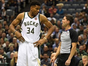 Giannis Antetokounmpo of the Milwaukee Bucks on Oct. 23, 2017. (Stacy Revere/Getty Images)