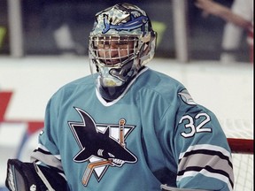 Kelly Hrudey in goal for the San Jose Sharks in 1998. Hrudey played the last two years of his NHL career in San Jose.