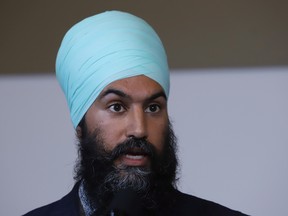 NDP Leader Jagmeet Singh talks to reporters after kicking of his first cross-country tour at a rally in Ottawa on Sunday, Oct. 15, 2017. (Fred Chartrand/The Canadian Press)