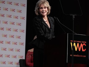 Jane Fonda accepts the award Celebrating 80 Years Of Activism and Excellence in Media onstage at the 2017 Women's Media Awards in New York on Thursday, Oct. 26, 2017. (Cindy Ord/Getty Images for Women's Media Center)