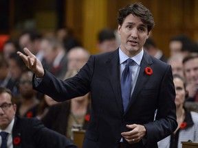 Prime Minister Justin Trudeau rises during question period in the House of Commons, in Ottawa on Monday, Oct. 30, 2017.