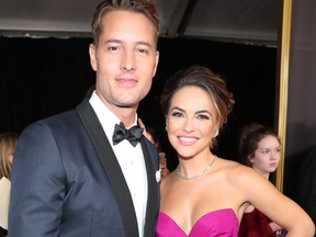 Actor Justin Hartley and Chrishell Stause walk the red carpet during the 69th Annual Primetime Emmy Awards at Microsoft Theater on September 17, 2017 in Los Angeles, California. (Photo by Rich Polk/Getty Images for IMDb)