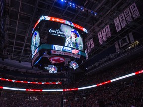 An ode to the late frontman of The Tragically Hip Gord Downie before Toronto Maple Leafs game action against the Detroit Red Wings at the Air Canada Centre in Toronto, Ont. on Wednesday October 18, 2017. Ernest Doroszuk/Toronto Sun/Postmedia Network