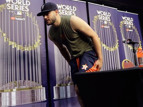 Houston Astros pitcher Lance McCullers Jr. leaves a news conference on Oct. 26, 2017 (AP Photo/Eric Gay)