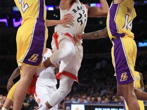 Norman Powell goes up for a shot in traffic against the Los Angeles Lakers on Friday night at the Staples Center. (Getty Images)