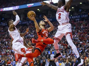 Toronto Raptors' Fred VanVleet during NBA action against the Chicago Bulls Jerian Grant (right) at the Air Canada Centre in Toronto on Oct. 19, 2017. (Ernest Doroszuk/Toronto Sun/Postmedia Network)