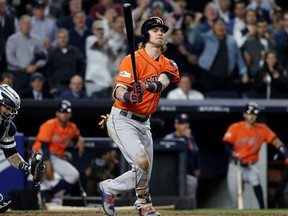 Josh Reddick of the Houston Astros reacts after striking out to end the top of the fifth inning against Masahiro Tanaka of the New York Yankees in Game 5 of the American League Championship Series at Yankee Stadium on Oct. 18, 2017 in the Bronx borough of New York City. (Elsa/Getty Images)