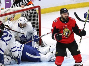 Ottawa Senators centre Nate Thompson celebrates his goal against the Toronto Maple Leafs during first period NHL hockey action in Ottawa on Saturday, Oct. 21, 2017. THE CANADIAN PRESS/Fred Chartrand