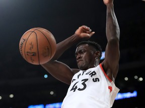 The Raptors' Pascal Siakam dunks against the Los Angeles Lakers at Staples Center on Friday. (Getty Images)