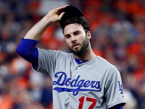 Brandon Morrow of the Los Angeles Dodgers looks on during the seventh inning against the Houston Astros in game five of the 2017 World Series at Minute Maid Park on Oct. 29, 2017 in Houston, Texas.  (JAMIE SQUIRE/Getty Images)