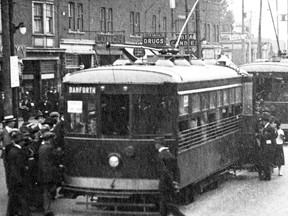 On Sept. 28, 1920, two “Birney-type” streetcars operating on the Toronto Civic Railways (TCR) DANFORTH route are pictured loading homeward bound passengers at the corner of Broadview and Danforth Aves. This route was the third of a total of five routes that officials of the City of Toronto were forced to build and operate in order to serve the transportation needs of the citizens residing in the areas outside the city boundaries of 1891. The city fares were 5¢ while a continuation of the ride on the TRC cars was an additional 2¢.