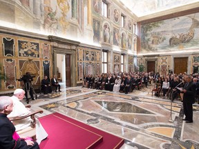 Pope Francis meets with the participants of a Catholic Church-backed international conference on fighting child pornography and protecting children in the digital age, at the Vatican, Friday, Oct. 6, 2017.