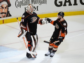 Frederik Andersen and Andrew Cogliano became close friends when both were with the Ducks.
 (GETTY IMAGES)