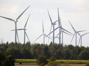 New wind turbine projects will be affected by the Ontario Liberal government canceling their green energy act to save money. Photograph taken on Tuesday September 27, 2016 near Strathroy, Ontario west of London.