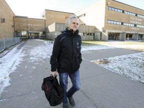 Roland Berard outside the entrance to the sports complex that houses the swimming pool at Ecole secondary Antoine-Brossard in Brossard, south of Montreal Friday November 10, 2017. New rules from the city bans nudity in the locker rooms and swimmers must shower with their bathing suits on. (John Mahoney / MONTREAL GAZETTE)