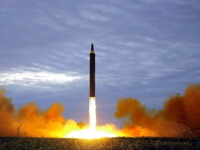 In this Aug. 29, 2017 file photo distributed on Aug. 30, 2017, by the North Korean government shows what was said to be the test launch of a Hwasong-12 intermediate range missile in Pyongyang, North Korea. The content of this image is as provided and cannot be independently verified. (Korean Central News Agency/Korea News Service via AP, File)