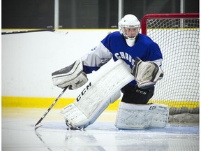 Gabriel Ferron-Bouius plays as a goaltender for the Cumberland Grads Bantam AA team.