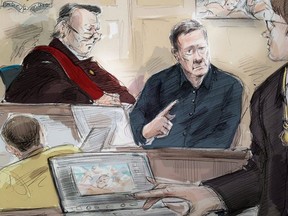Mark Smich (left to right), Justice Michael Code, Dr. Robert Burns and Dellen Millard are shown in an artist's sketch at the Laura Babcock murder trial in Toronto, Nov.16, 2017.