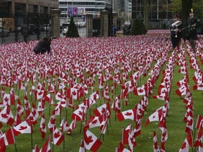 Around 11,800 Canadian flags were planted at the Manulife building on Bloor St. W. as a memorial to those who have given their lives for Canada.