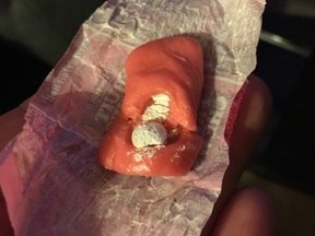A pill wrapped within a Fruit Chew is seen in this Facebook image uploaded by a Barrie parent.